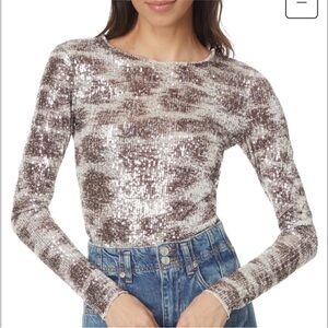 FREE PEOPLE PRINTED GOLD RUSH LONG SLEEVE ALABASTER COMBO SEQUIN TOP Size M